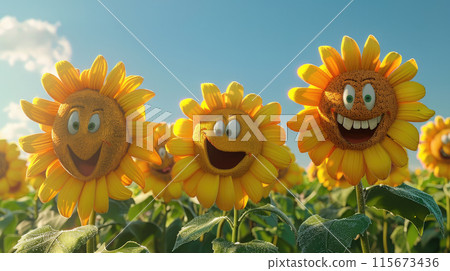 Smiling sunflowers in a summery field 115673436