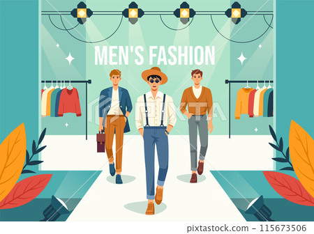 Men's Fashion Show Vector Illustration featuring Male Models Displaying Clothes on the Runway in Modern Trendy Outfits in a Flat Cartoon Background 115673506