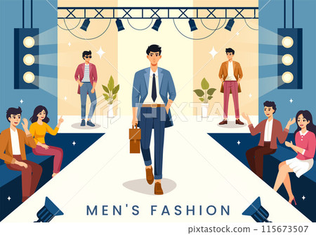 Men's Fashion Show Vector Illustration featuring Male Models Displaying Clothes on the Runway in Modern Trendy Outfits in a Flat Cartoon Background 115673507