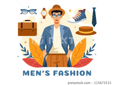 Men's Fashion Show Vector Illustration featuring Male Models Displaying Clothes on the Runway in Modern Trendy Outfits in a Flat Cartoon Background 115673515