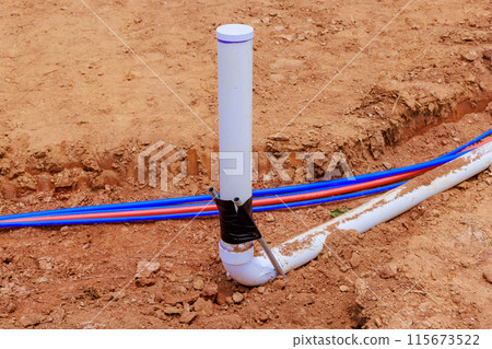Water sanitary pipes will be laid at underground water pipes preparation for before pouring concrete foundation of new house 115673522