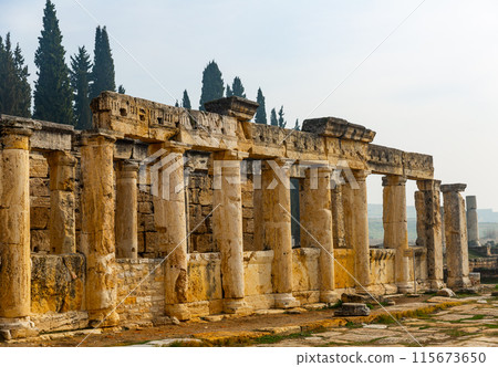 Ruins of central street of ancient city of Hierapolis in Turkey 115673650