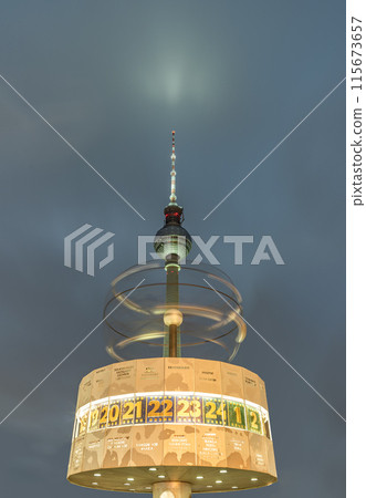 Night view of Urania-Weltzeituhr or The World Clock - Revolving sphere in front of Berlin Television Tower (Fernsehturm), Night view of Urania-Weltzeituhr or The World Clock - Revolving sphere in front of Berlin Television Tower (Fernsehturm), 115673657