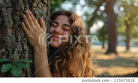 Man hugs tree on lawn. Attraction to wood. new trend 115673818