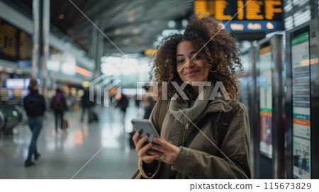 Woman using phone in train station Woman using phone in train station 115673829
