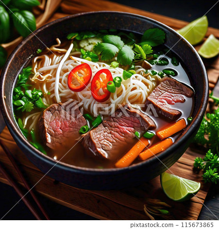 A bowl of beef and vegetable soup with carrots and celery A bowl of beef and vegetable soup with carrots and celery 115673865