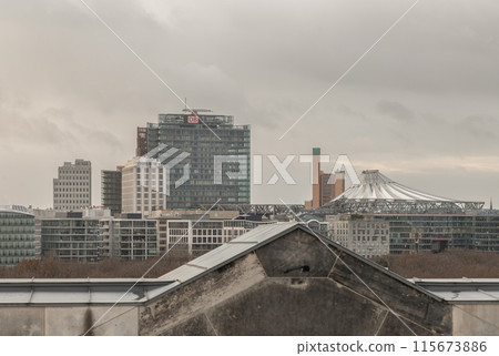 Berlin cityscape view from above of Reichstag building with Deutsche Bahn building, Potsdamer Platz. 115673886