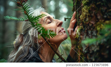 Woman hugs tree in forest. Person's attraction to tree. New trend 115673896
