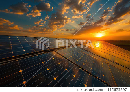 Captivating sunset reflecting on solar panels 115673897