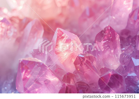 A close up of pink crystals with a light shining on them 115673951