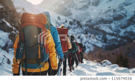 Group of hikers trekking in snowy mountains Group of hikers trekking in snowy mountains 115674038