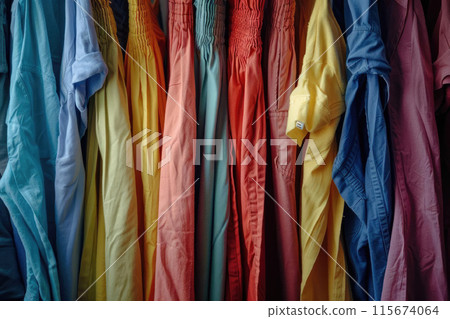 Colorful long-sleeve shirts on hangers 115674064
