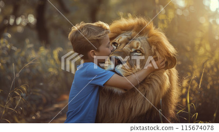 Young boy and lion sharing a heartwarming hug 115674078