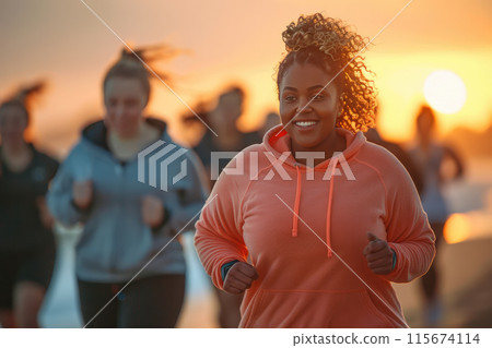 Woman jogging with group at sunset Woman jogging with group at sunset 115674114