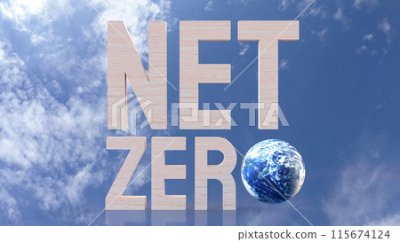 The net zero wood text and world on sky Background  for eco concept 3d rendering. 115674124