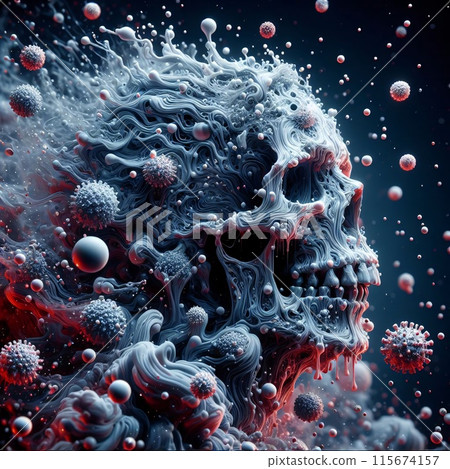 A skull with red and blue paint splattered all over it 115674157
