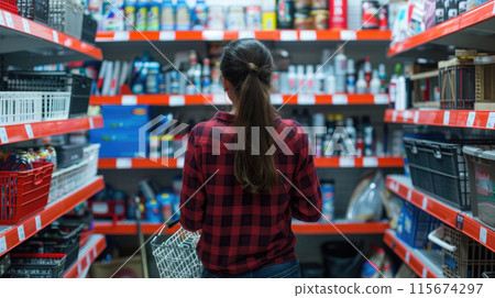 Woman in store comparing products 115674297
