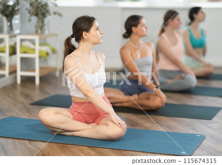 Women maintaining mental and physical health attending group yoga class at modern studio, practicing twisting pose Women maintaining mental and physical health attending group yoga class at modern studio, practicing twisting pose 115674315