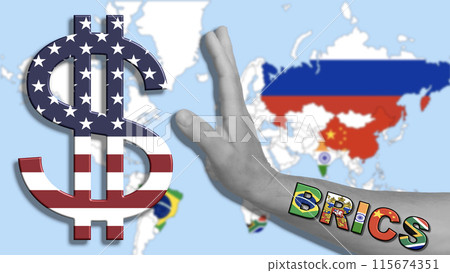 Russia blocks exchanges in US Dollars, BRICS against the American Dollar, the background a blurred map of the BRICS countries Russia blocks exchanges in US Dollars, BRICS against the American Dollar, the background a blurred map of the BRICS countries 115674351