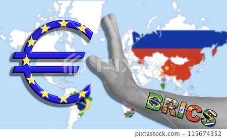 Russia blocks exchanges in euros, BRICS against the European euro, the background a blurred map of the BRICS countries Russia blocks exchanges in euros, BRICS against the European euro, the background a blurred map of the BRICS countries 115674352