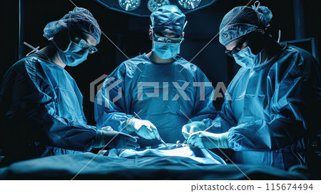 Focused surgical staff performing an operation 115674494