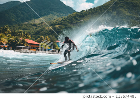Man surfing a wave near a tropical island 115674495