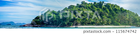 Serene Tropical Island Panorama with Lush Greenery Serene Tropical Island Panorama with Lush Greenery 115674742