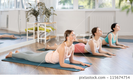 Women bending in back while lying on stomach in Bhujangasana Cobra Stretch position during training together in studio 115674754