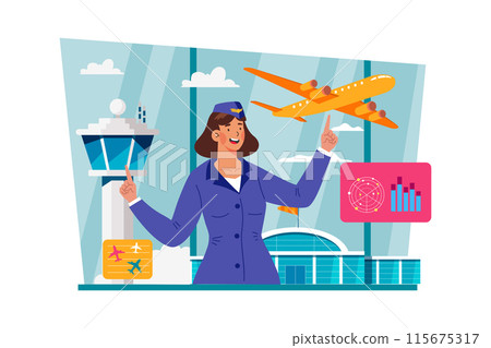 Air traffic controller monitoring multiple flights and ensuring safe takeoffs and landings. 115675317