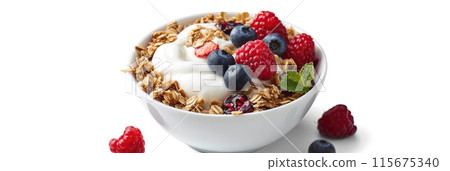Yogurt with granola and mixed berries on white Yogurt with granola and mixed berries on white 115675340