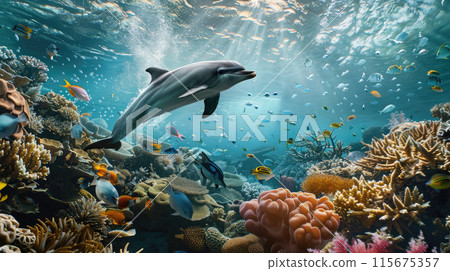 Dolphin swimming in a vibrant coral reef Dolphin swimming in a vibrant coral reef 115675357