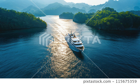Majestic yacht on a tropical river adventure Majestic yacht on a tropical river adventure 115675359