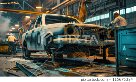Vintage car being restored in workshop Vintage car being restored in workshop 115675384