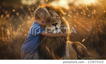 Lion with blurred face being hugged by a young boy Lion with blurred face being hugged by a young boy 115675418