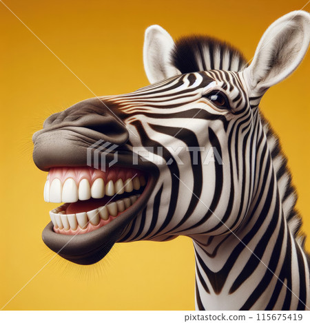 Zebra laughing on a vibrant yellow background Zebra laughing on a vibrant yellow background 115675419