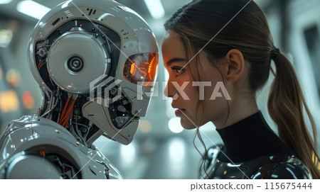 Woman and robot staring into each other's eyes Woman and robot staring into each other's eyes 115675444