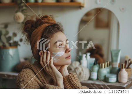 Facial skin care. Young girl at home smeared her face with nourishing cream 115675464