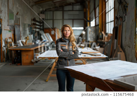 A woman stands in front of a table with a large sheet of paper on it A woman stands in front of a table with a large sheet of paper on it 115675468