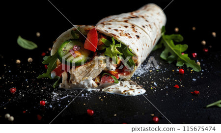 Savory Chicken Wrap with Fresh Vegetables and Greek Yogurt Sauce 115675474