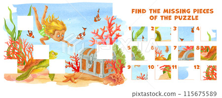 Find the missing pieces of the puzzle. Educational game for children with cartoon girl swimming with a sea turtle between corals finding a treasure chest. Choose correct element. Finish the picture Find the missing pieces of the puzzle. Educational game for children with cartoon girl swimming with a sea turtle between corals finding a treasure chest. Choose correct element. Finish the picture 115675589