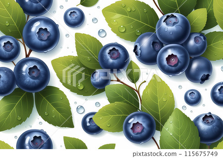 Illustration of fresh blueberry fruit with branches and leaves wet with water drops 115675749