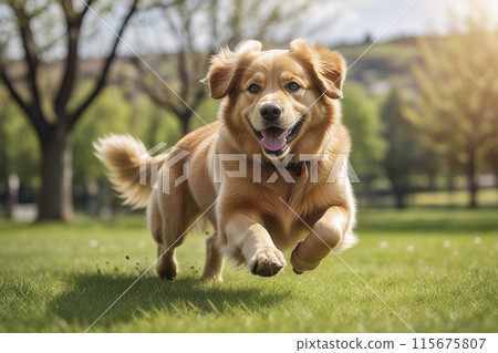綠色草地壹條金毛犬迎面跑來 115675807