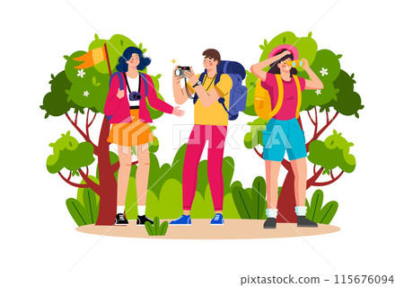 Adventure tour operator organizing outdoor activities for a holiday. Adventure tour operator organizing outdoor activities for a holiday. 115676094