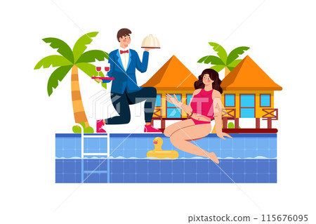 Beach resort staff serving cocktails and snacks by the pool. 115676095
