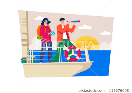 Cruise ship staff organizing on-board activities and excursions for passengers. Cruise ship staff organizing on-board activities and excursions for passengers. 115676098