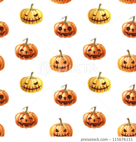Halloween scary pumpkin heads seamless pattern. Watercolor illustration. Hand drawn funny orange pumpkin seamless pattern. Halloween holiday element festive symbol. White background 115676131