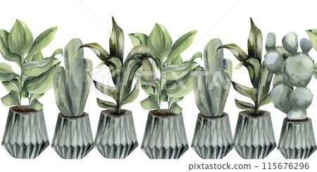 Houseplants in pots watercolor seamless banners. Hand drawn borders on boho cozy home floral elements. cactus, palm in grey scandy pots for flower shop, packing, logo, salon poster design.Interior 115676296