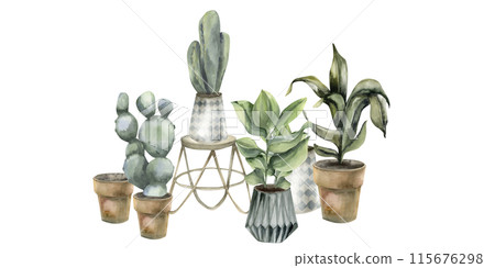 Boho cozy home composition with potted plants and wooden scandy table watercolor illustration. Hand drawn boho interior with floral elements for salon,shop logo design. Cactus and green leaves Boho cozy home composition with potted plants and wooden scandy table watercolor illustration. Hand drawn boho interior with floral elements for salon,shop logo design. Cactus and green leaves 115676298