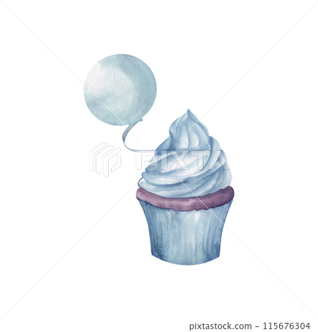 Birthday cupcake with balloon watercolor composition. Hand drawn sweet cake for kid celebration, invitation design, card, packing decor. Pastel blue monochrome 115676304