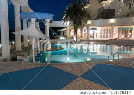 Night view of the courtyard pool at Resort Hotel Limani in Ushimado, Setouchi City, Okayama Prefecture 115676314